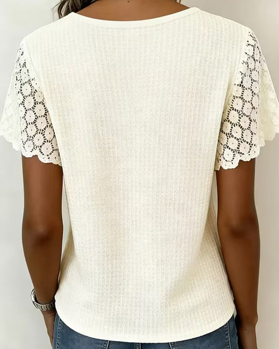T-Skjorte V-Hals Vaffel Blonde Patchwork Solid