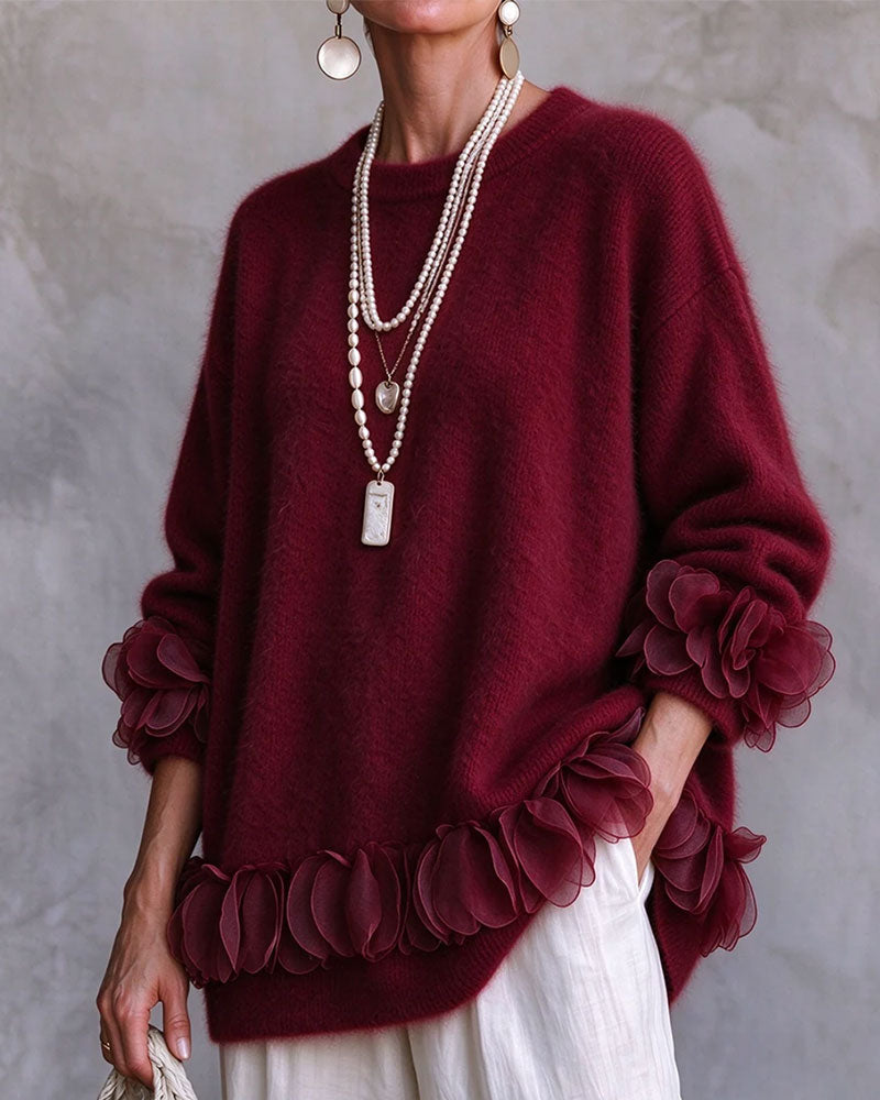 Pullover Blomstret Lat Solid Farge