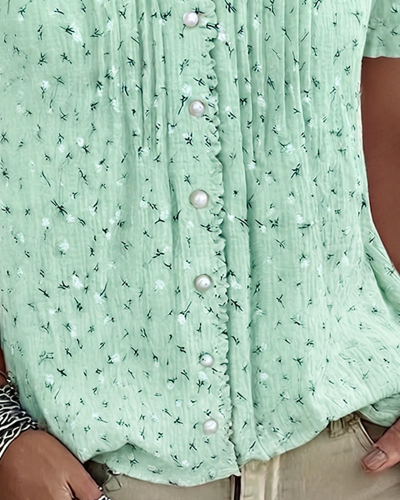 Bluse Pufferme Blomstret Trykk Kortermet