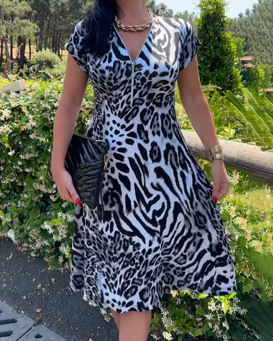Kjole V-Hals Glidelås Leopardtrykk