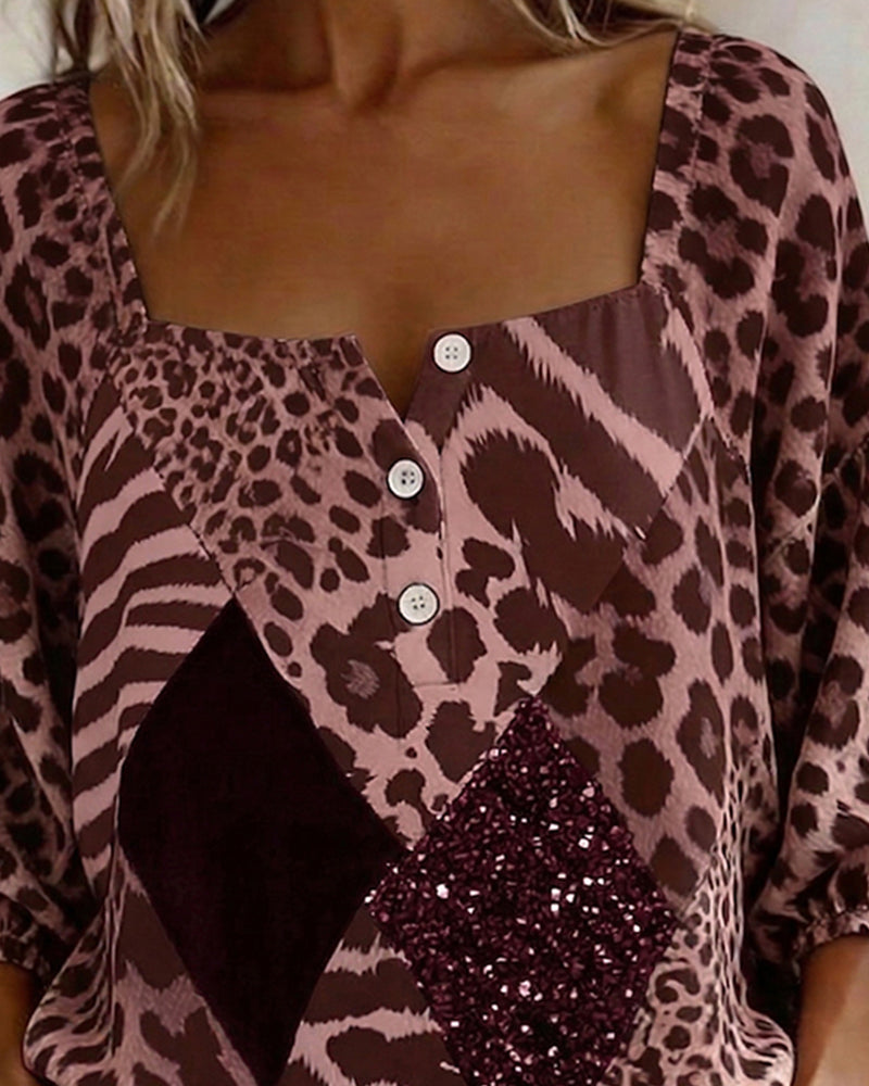 Bluse Firkantet Hals Leopardmønster Lappeteppe Paljett