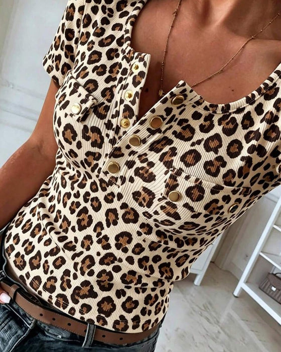 Bluse Henley Hals Leopard Trykk Kort Erme