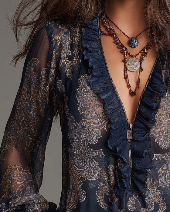 Bluse Halvglidelås Rysje Retro