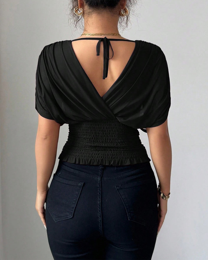 Bluse Solid Farge Dyp V-Hals Midje Kort Erme