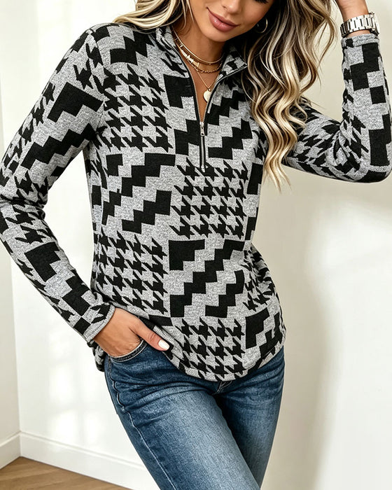 Topp Houndstooth Halv-Zip Ståkrage Langermet