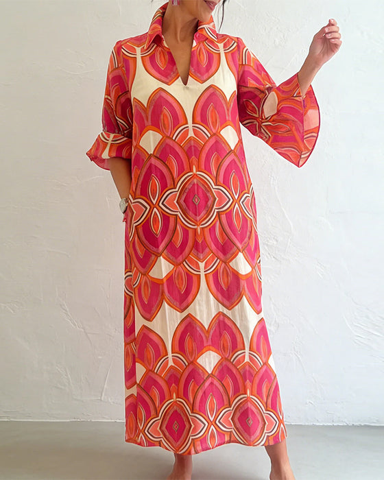 Kjole Elegant V-Hals Langermet Blomstret