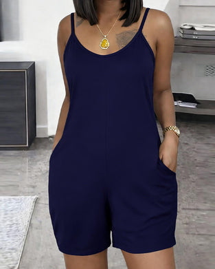 Ensfarget Ermeløs U-Hals Jumpsuit Med Lomme