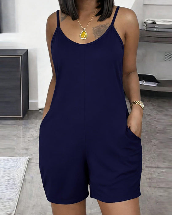 Ensfarget Ermeløs U-Hals Jumpsuit Med Lomme