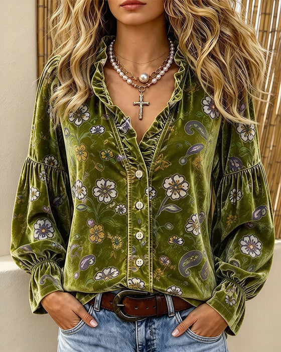 Bluse V-Hals Knapp Volang Blomstret