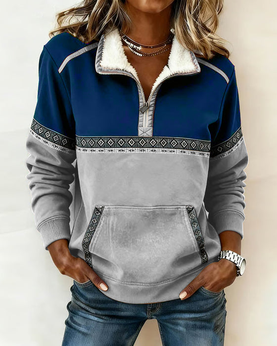 Retro Genser Med Fargeblokkering Og Pelskrage