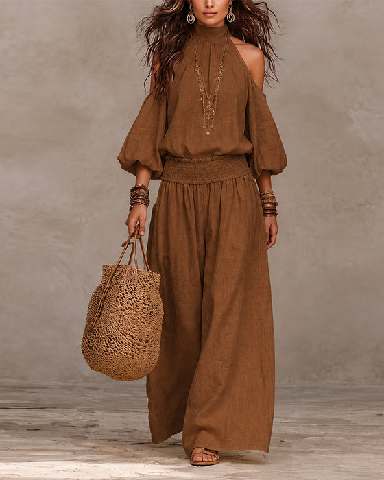 Sett Off-Shoulder Langermet Rynket Bukser