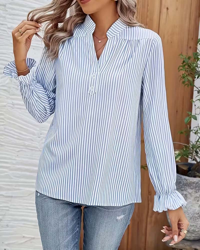 Bluse Knappfront V-Hals Stripet