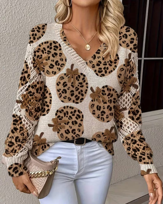 Pullover Leopard Gresskar V-Hals Uthuling