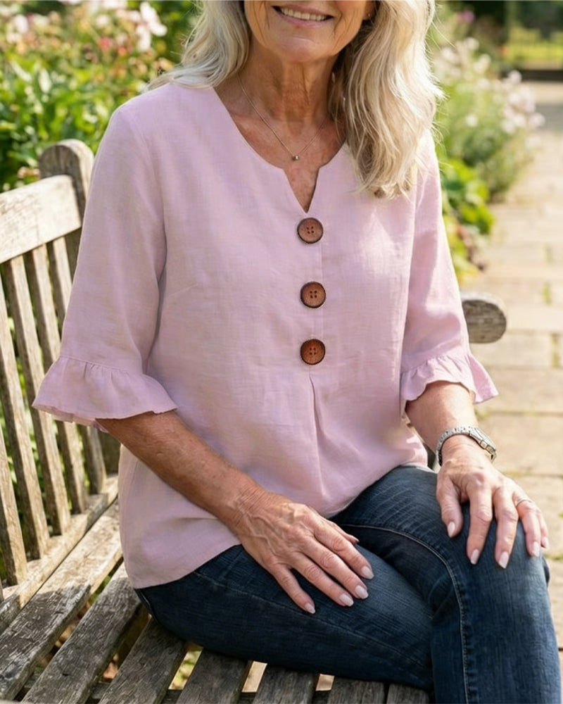 Bluser Ensfarget Bomull-Lin Treknapper Rysjer