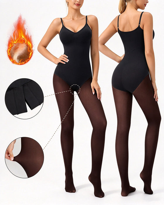 Gjennomsiktig Panel Med Fleeceforet Tights Stay-Warm Magekontroll Sheer Effekt Tights Bodysuit Svart Basic