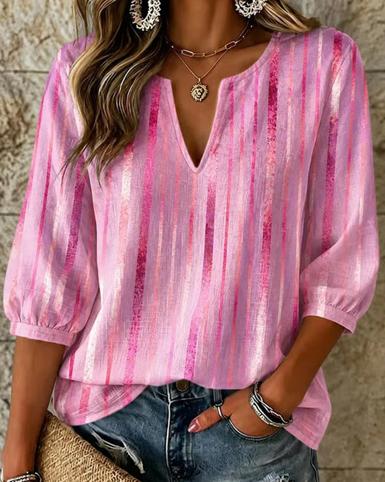 Bluse Vertikal Stripe Liten V-Hals