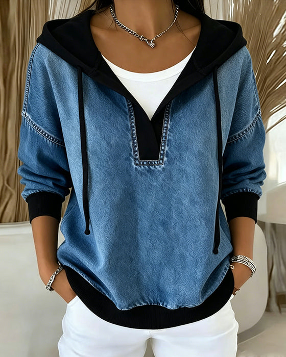 Hoodie Fargeblokk V-Hals Dragsnor