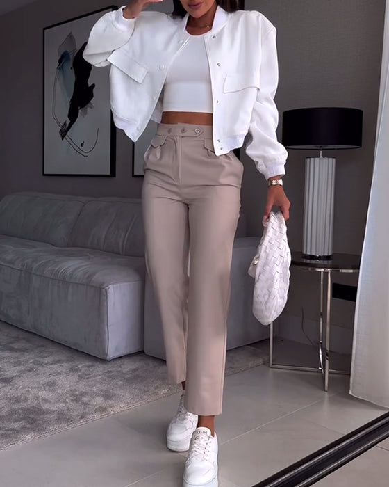 Ensfarget casual dressbukse med lomme