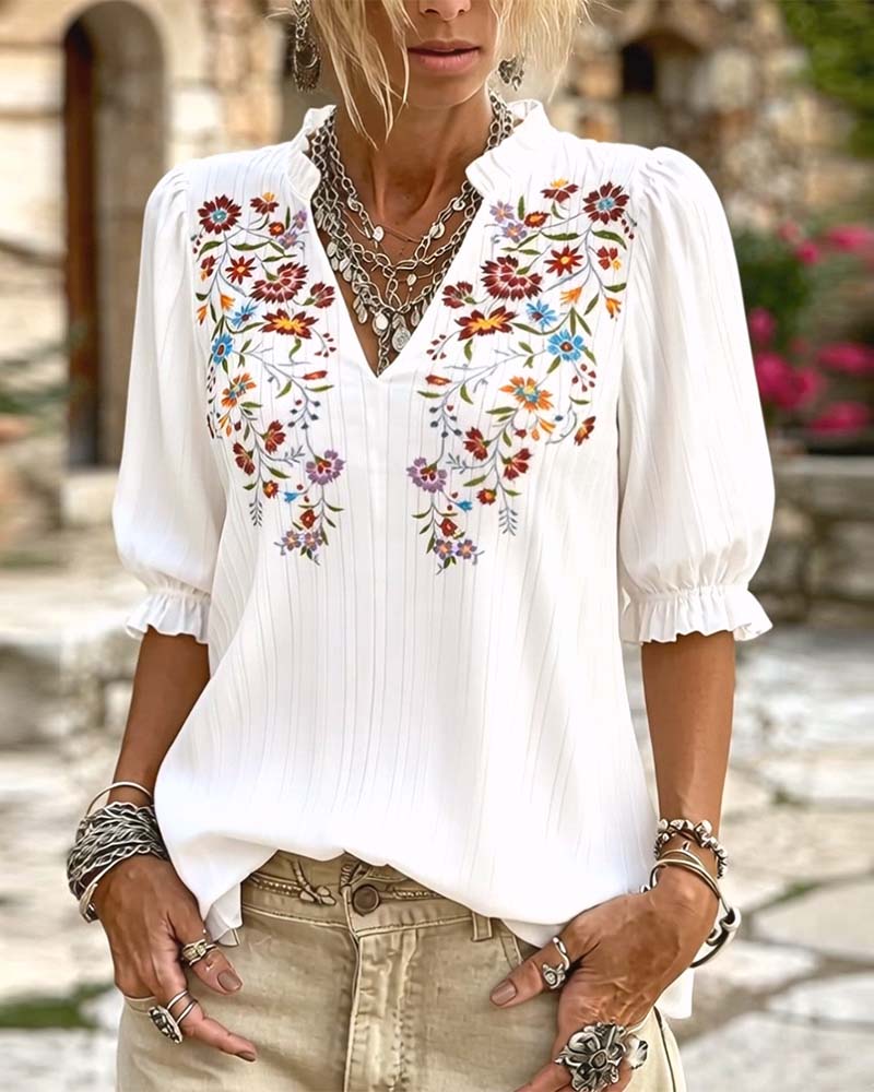 Bluse Ruffle Trim Trykk Casual