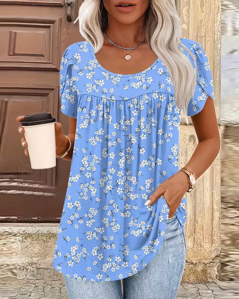 Bluse Småblomstret Trykk Rund Hals Kortermet