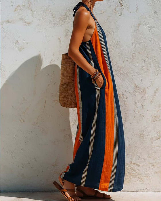 Kjole Fargeblokk Vertikal Stripe Halter