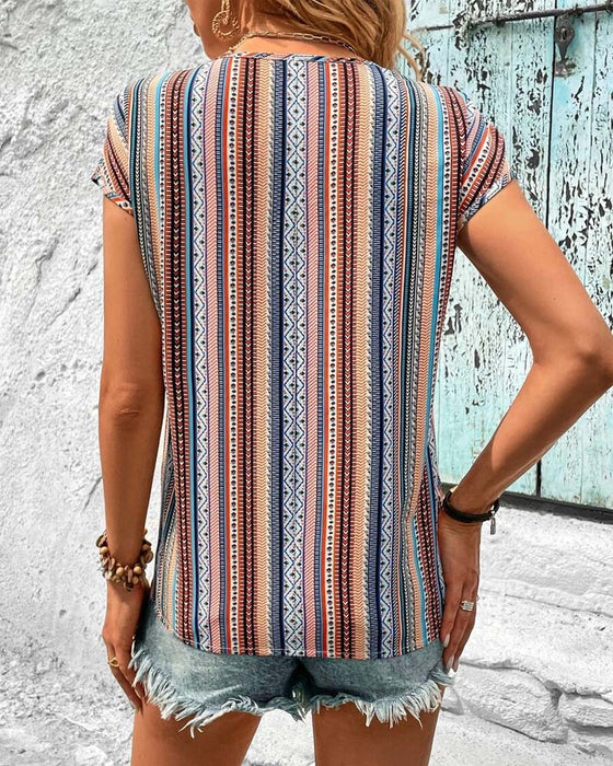 T-Skjorte Fargerik Trykt Blonder V-Hals