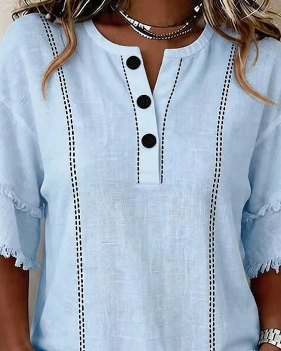 Bluse V-Hals Ruffle Lag Halvknapping Knapp