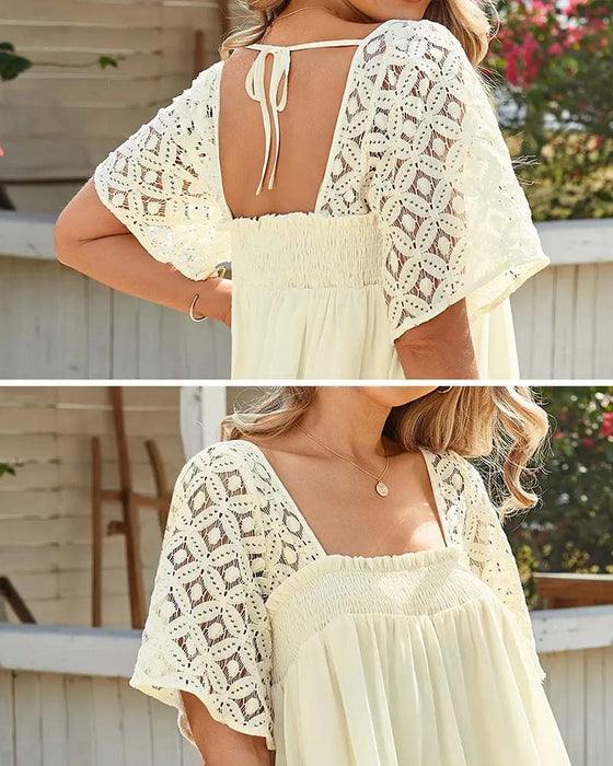 Kjole Firkantet Hals Blonder Patchwork Solid