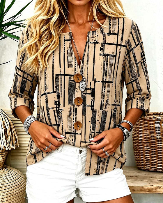Bluse V-Hals Knappestang Stripet