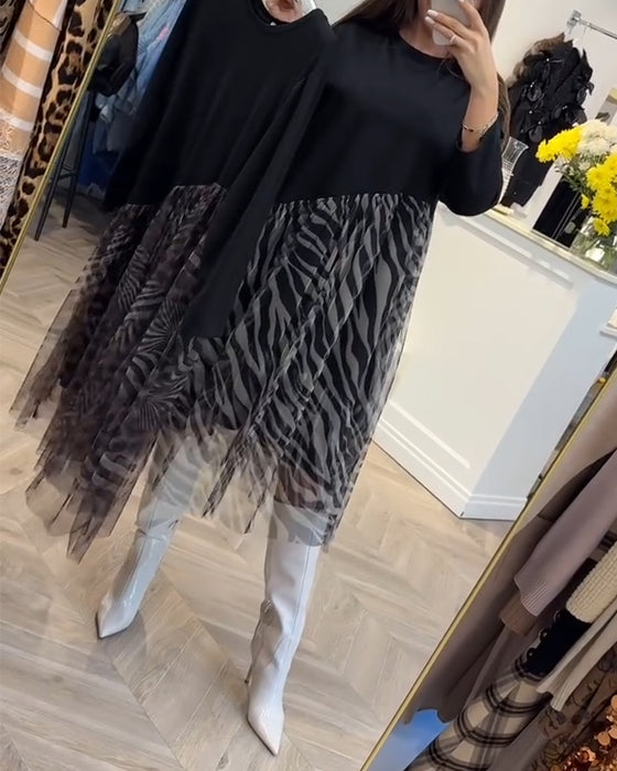 Kjole Rundhals Patchwork Mesh Print