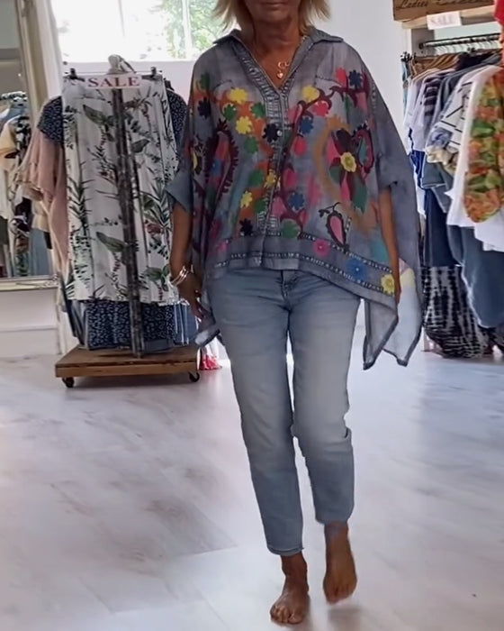 Bluse Uregelmessig Print Falsk Denim