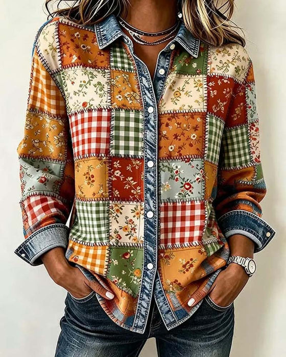 Topp Krage Rutet Denim Patchwork