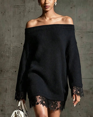 Genser Kjole Off-Shoulder Ribbet Knipling Patchwork