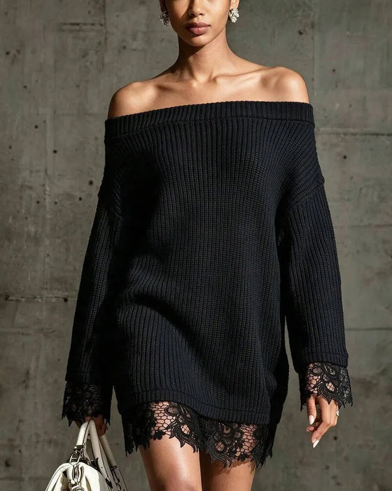 Genser Kjole Off-Shoulder Ribbet Knipling Patchwork