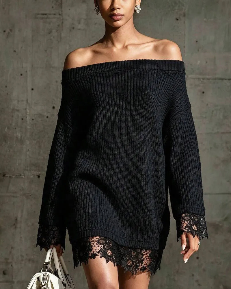Genser Kjole Off-Shoulder Ribbet Knipling Patchwork