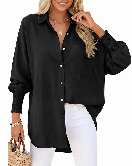 Bluse Løs Lomme Ensfarget Elastisk-Erme