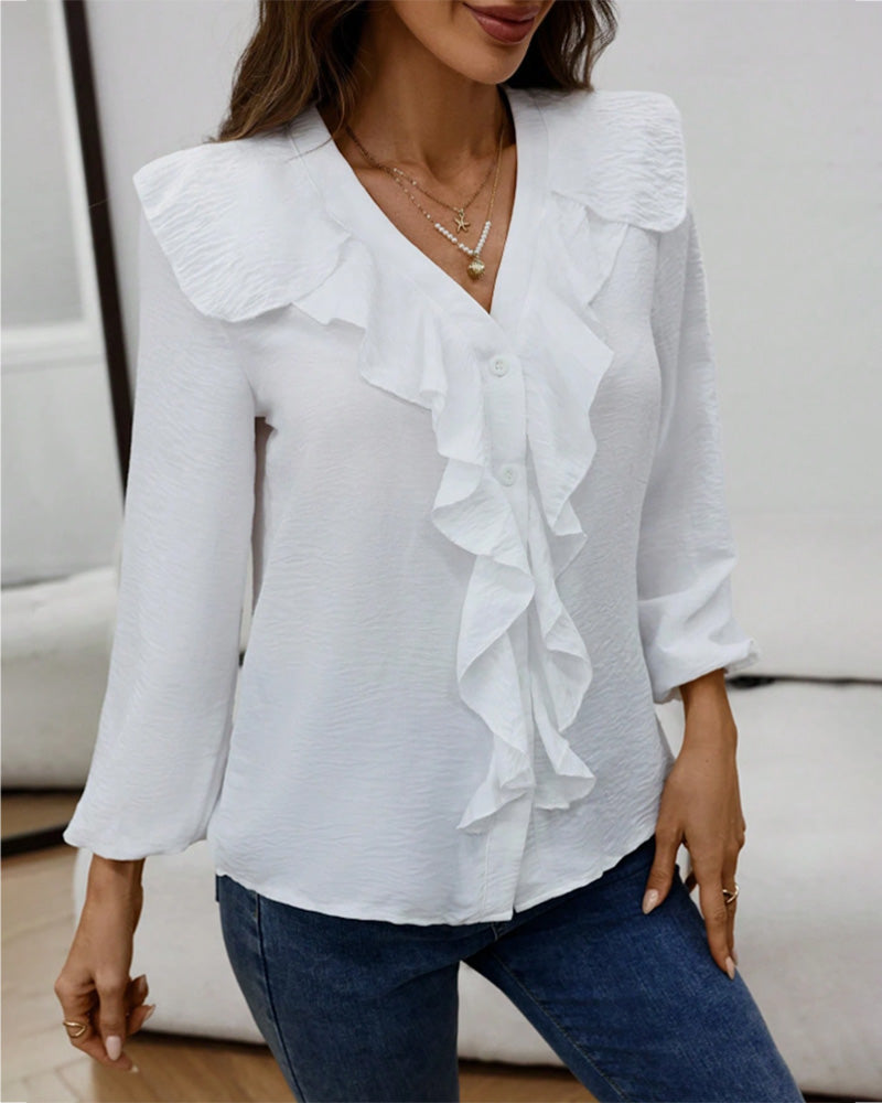 Bluse Rynket Dyp V-Hals Lang Erme