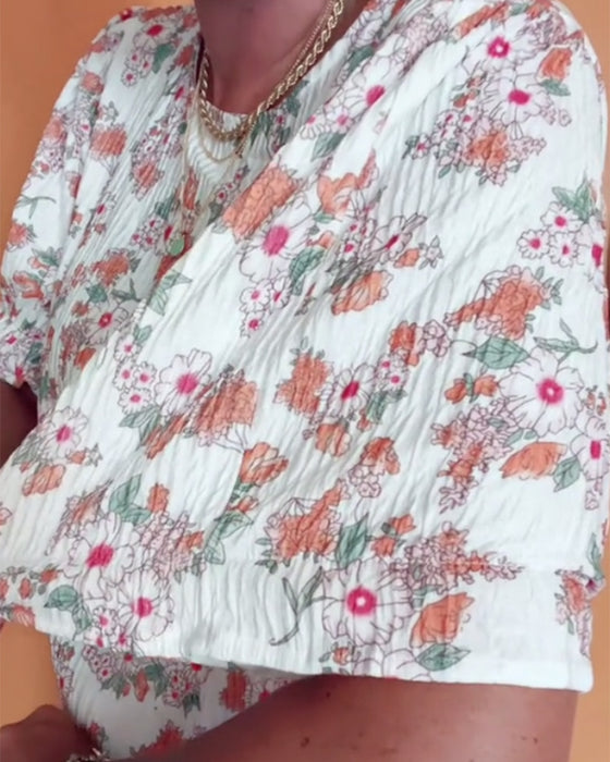 Bluse Rund Hals Blomstret Kort Erme