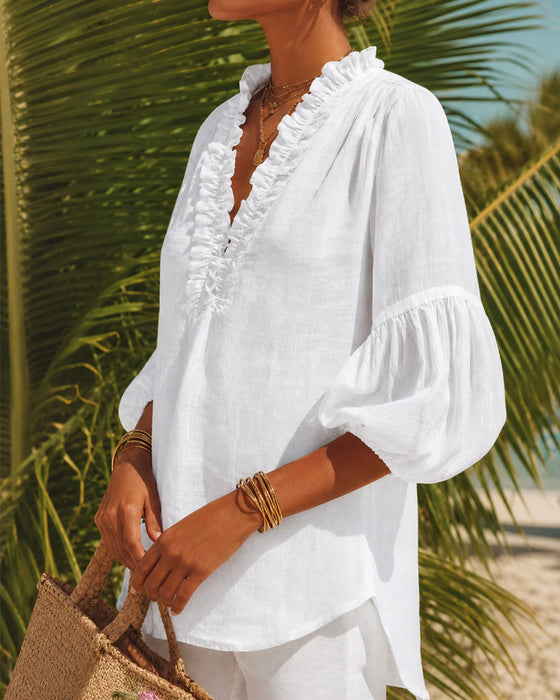 Bluse Ruffle Kant Puffererme V-Hals