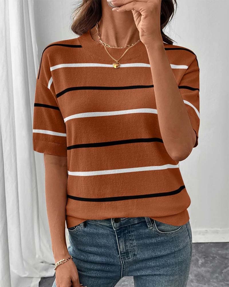 Pullover Stripe Kontrastfarge Kortsermet Strikket