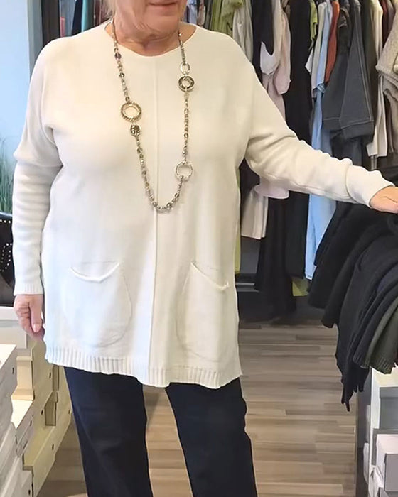 Genser Rund Hals Ensfarget Lomme Løs