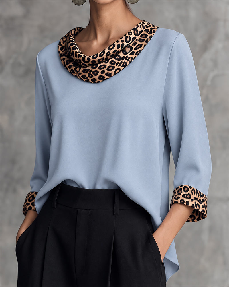 Bluse Leopard Panel Cowl Neck Albuelang Erme