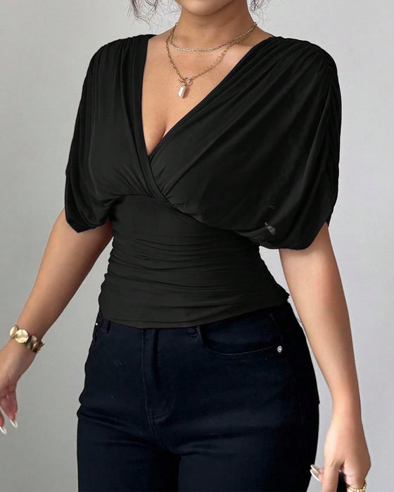 Bluse Solid Farge Dyp V-Hals Midje Kort Erme