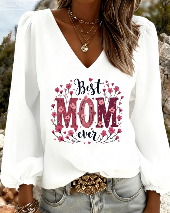 Bluse V-Hals Lykt Erme Trykk