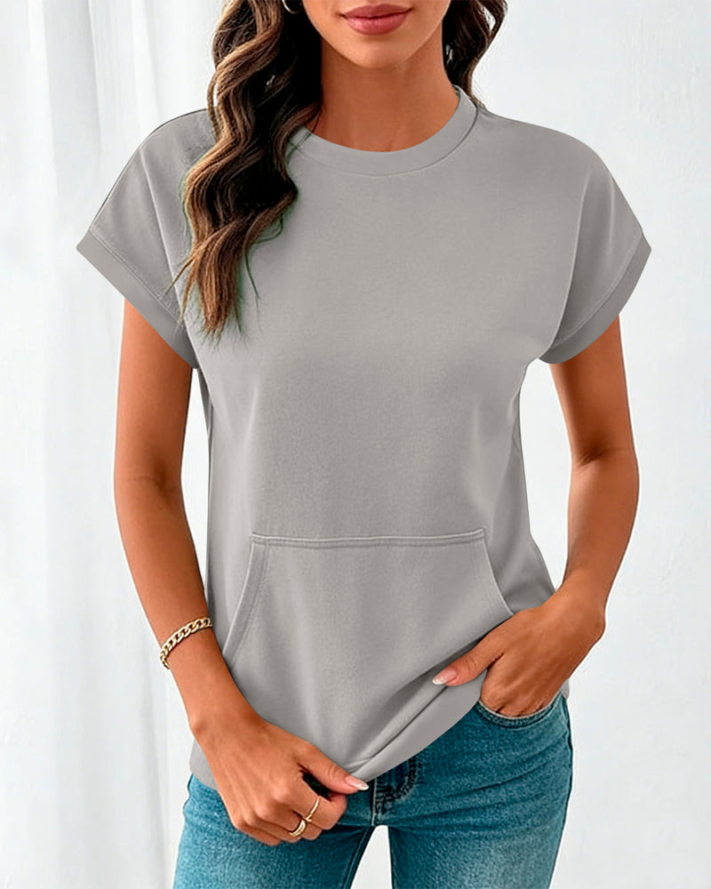 Bluse Forlomme Ensfarget Rund Hals