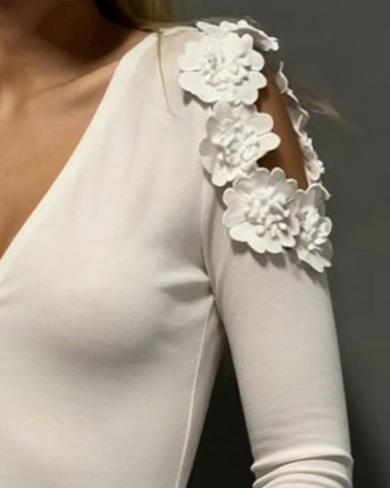 T-Skjorte V-Hals Kald Skulder Patchwork Blomstret