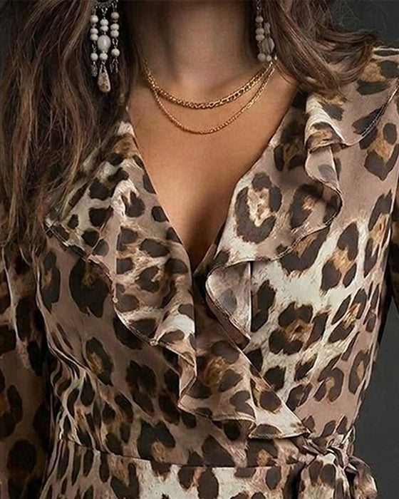 Bluse V-Hals Ruffle Leopard