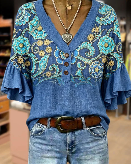 Bluse Bohemisk Trykk V-Utringning Vintage