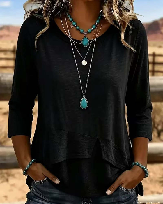 Topp Crew Hals Patchwork Asymmetrisk Fald