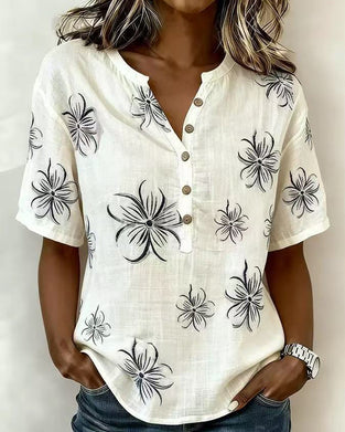 Bluse Crew Neck Knappestang Blomstret Casual